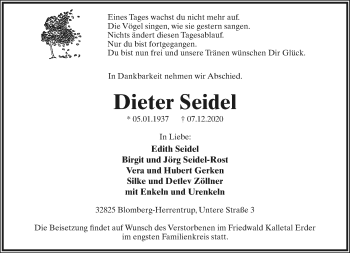 Anzeige  Dieter Seidel  Lippische Landes-Zeitung