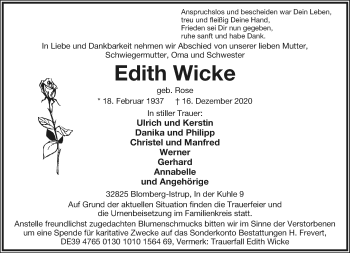 Anzeige  Edith Wicke  Lippische Landes-Zeitung