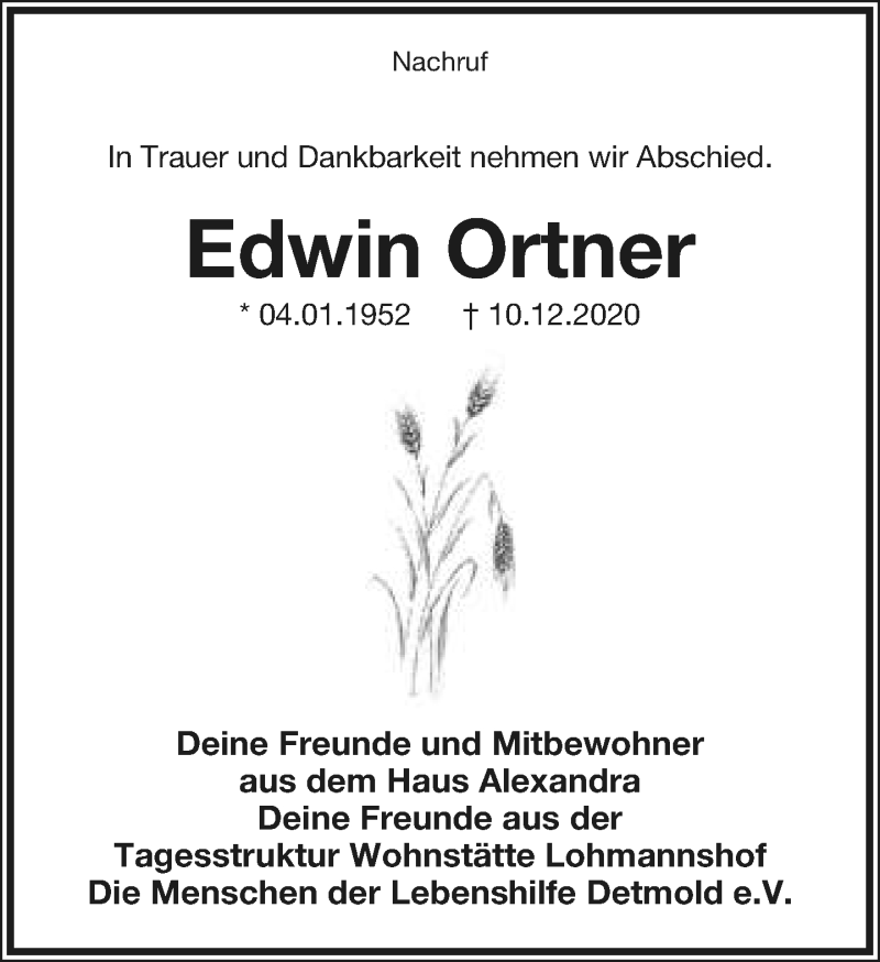  Traueranzeige für Edwin Ortner vom 12.12.2020 aus Lippische Landes-Zeitung