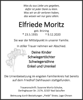 Anzeige  Elfriede Moritz  Lippische Landes-Zeitung