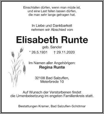 Anzeige  Elisabeth Runte  Lippische Landes-Zeitung
