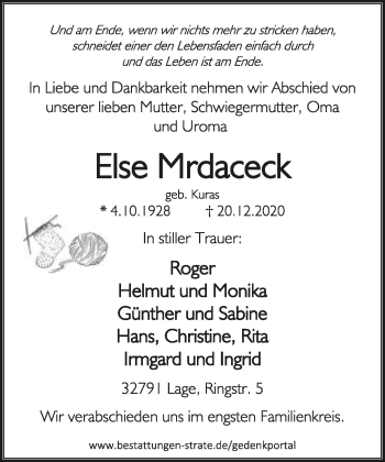 Anzeige  Else Mrdaceck  Lippische Landes-Zeitung