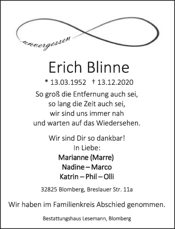 Anzeige  Erich Blinne  Lippische Landes-Zeitung