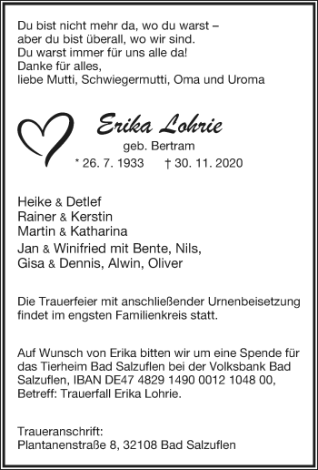 Anzeige  Erika Lohrie  Lippische Landes-Zeitung