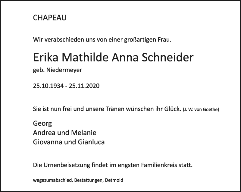  Traueranzeige für Erika Mathilde Anna Schneider vom 05.12.2020 aus Lippische Landes-Zeitung