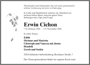 Anzeige  Erwin Cichon  Lippische Landes-Zeitung