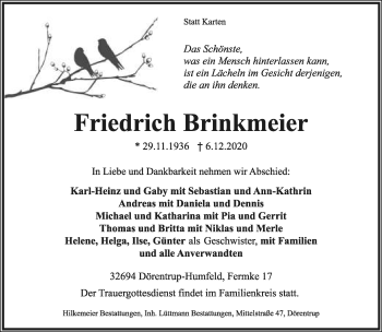 Anzeige  Friedrich Brinkmeier  Lippische Landes-Zeitung