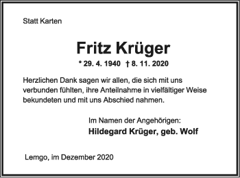 Anzeige  Fritz Krüger  Lippische Landes-Zeitung