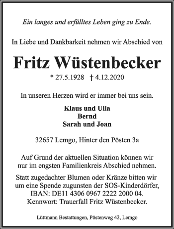 Anzeige  Fritz Wüstenbecker  Lippische Landes-Zeitung