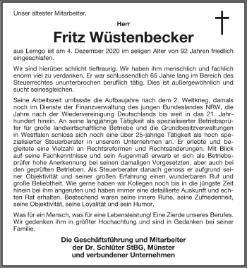 Anzeige  Fritz Wüstenbecker  Lippische Landes-Zeitung