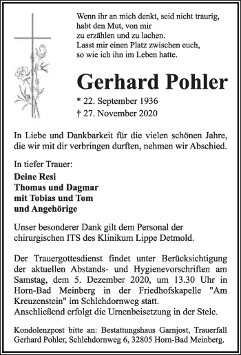 Anzeige  Gerhard Pohler  Lippische Landes-Zeitung