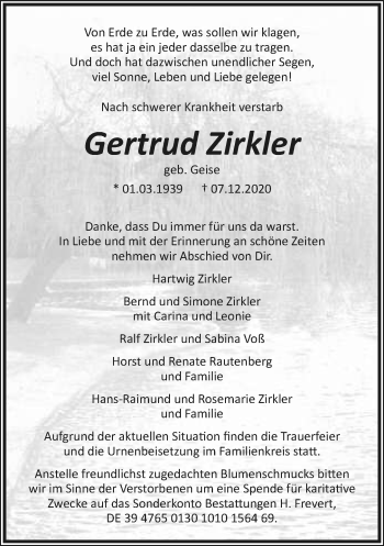 Anzeige  Gertrud Zirkler  Lippische Landes-Zeitung