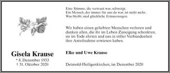 Anzeige  Gisela Krause  Lippische Landes-Zeitung