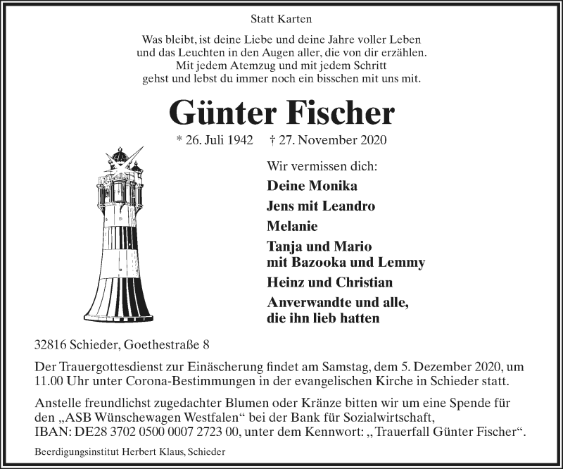  Traueranzeige für Günter Fischer vom 02.12.2020 aus Lippische Landes-Zeitung