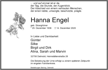 Anzeige  Hanna Engel  Lippische Landes-Zeitung