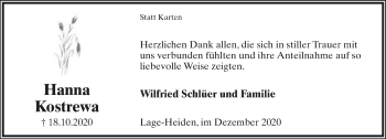Anzeige  Hanna Kostrewa  Lippische Landes-Zeitung