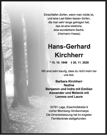 Anzeige  Hans-Gerhard Kirchherr  Lippische Landes-Zeitung