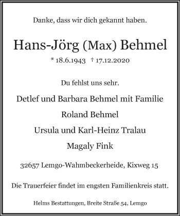 Anzeige  Hans-Jörg Behmel  Lippische Landes-Zeitung