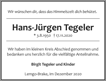 Anzeige  Hans-Jürgen Tegeler  Lippische Landes-Zeitung