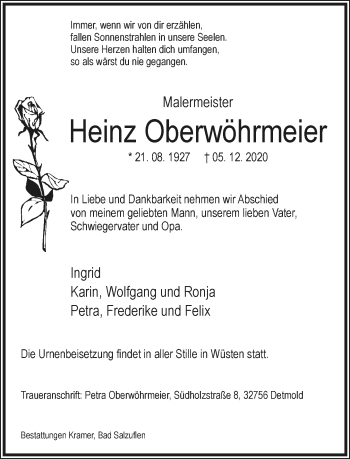 Anzeige  Heinz Oberwöhrmeier  Lippische Landes-Zeitung