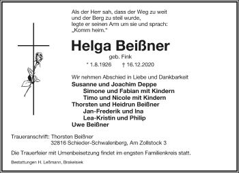 Anzeige  Helga Beißner  Lippische Landes-Zeitung