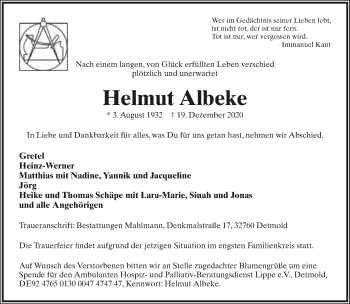 Anzeige  Helmut Albeke  Lippische Landes-Zeitung