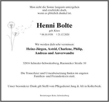 Anzeige  Henni Bolte  Lippische Landes-Zeitung