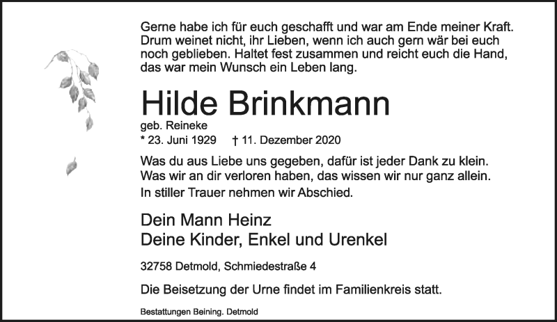  Traueranzeige für Hilde Brinkmann vom 19.12.2020 aus Lippische Landes-Zeitung