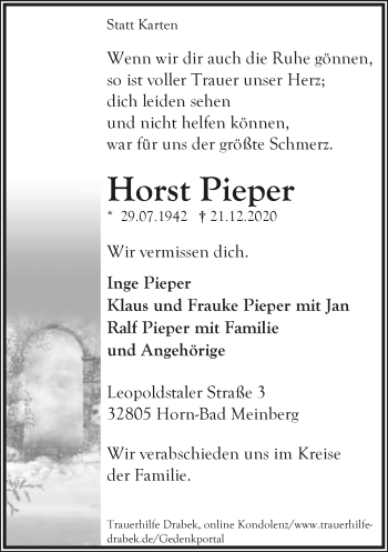 Anzeige  Horst Pieper  Lippische Landes-Zeitung