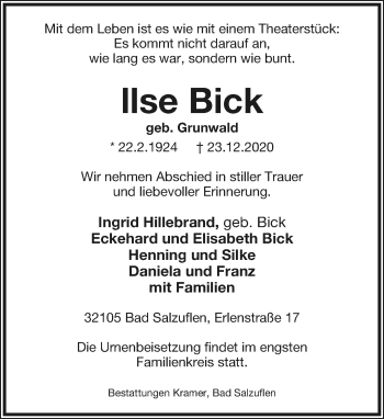 Anzeige  Ilse Bick  Lippische Landes-Zeitung