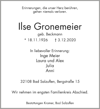 Anzeige  Ilse Gronemeier  Lippische Landes-Zeitung