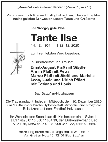 Anzeige  Ilse Weege  Lippische Landes-Zeitung