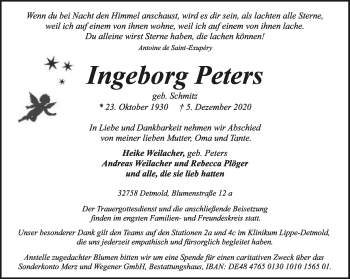 Anzeige  Ingeborg Peters  Lippische Landes-Zeitung