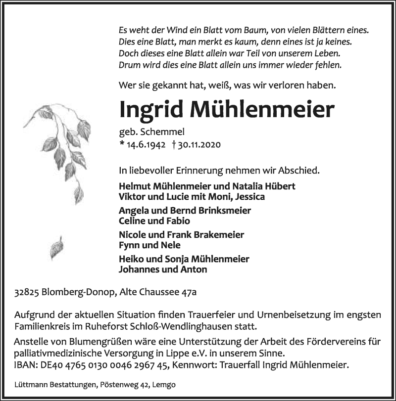  Traueranzeige für Ingrid Mühlenmeier vom 05.12.2020 aus Lippische Landes-Zeitung