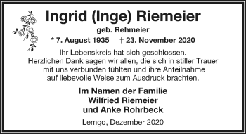 Anzeige  Ingrid Riemeier  Lippische Landes-Zeitung