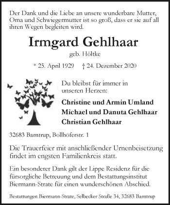 Anzeige  Irmgard Gehlhaar  Lippische Landes-Zeitung