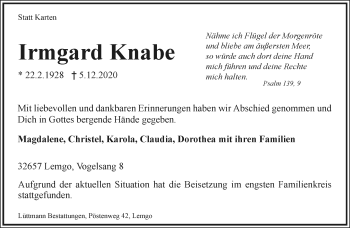 Anzeige  Irmgard Knabe  Lippische Landes-Zeitung
