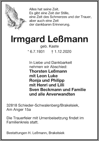 Anzeige  Irmgard Leßmann  Lippische Landes-Zeitung