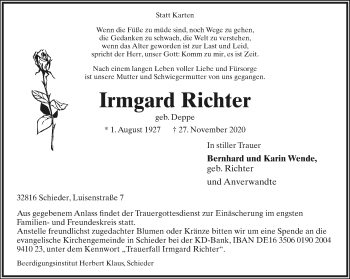 Anzeige  Irmgard Richter  Lippische Landes-Zeitung