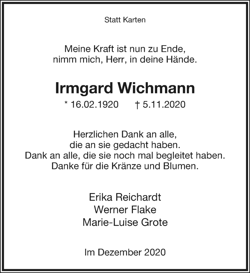  Traueranzeige für Irmgard Wichmann vom 12.12.2020 aus Lippische Landes-Zeitung