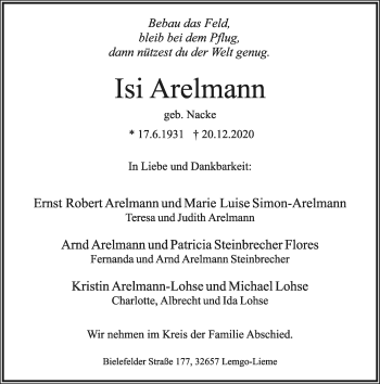 Anzeige  Isi Arelmann  Lippische Landes-Zeitung