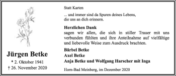 Anzeige  Jürgen Betke  Lippische Landes-Zeitung