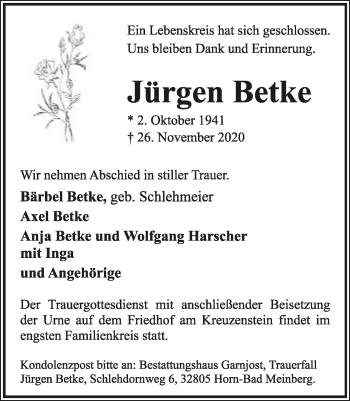 Anzeige  Jürgen Betke  Lippische Landes-Zeitung