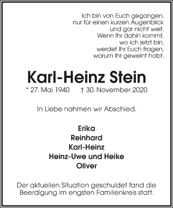 Anzeige  Karl-Heinz Stein  Lippische Landes-Zeitung