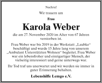 Anzeige  Karola Weber  Lippische Landes-Zeitung