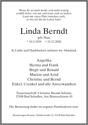 Anzeige  Linda Berndt  Lippische Landes-Zeitung