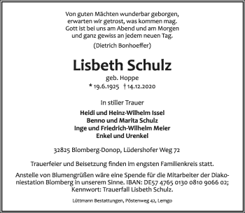 Anzeige  Lisbeth Schulz  Lippische Landes-Zeitung