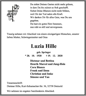 Anzeige  Luzia Hille  Lippische Landes-Zeitung