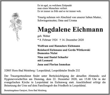 Anzeige  Magdalene Eichmann  Lippische Landes-Zeitung