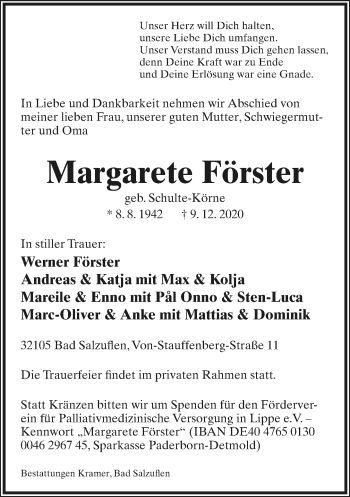 Anzeige  Margarete Förster  Lippische Landes-Zeitung